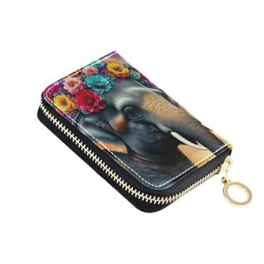 Imagem de Carteira feminina com zíper e porta-cartões com bloqueio de RFID, bolsa de moedas de couro com zíper, elefante e flores coloridas, coroa