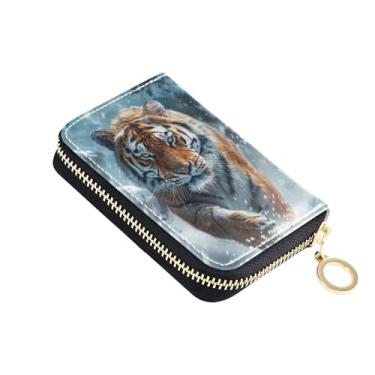 Imagem de Carteira de couro feminina com bloqueio de RFID, carteira masculina fofa com zíper e bolso para moedas, estampa de tigre majestoso