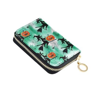 Imagem de Carteira feminina com zíper para cartão de crédito, bloqueio RFID, pequena carteira de viagem com zíper, preta, verde bruxa