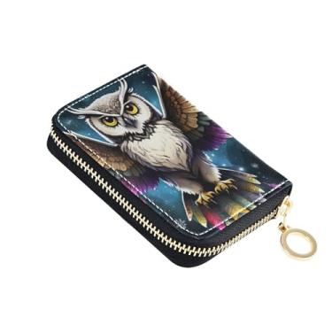 Imagem de Carteira feminina de coruja colorida com zíper e bloqueio de RFID, porta-cartões de crédito, carteira de couro para viagem e dinheiro com bolso para moedas