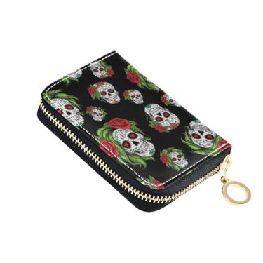 Imagem de Carteira feminina de couro com caveiras brancas, vermelha, preta, 9 compartimentos para cartão de crédito e 2 compartimentos para dinheiro, zíper ao redor da carteira com chaveiro