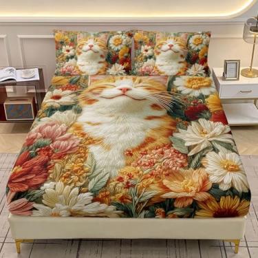 Imagem de AILONEN Jogo de lençol casal de gato floral fofo, 3 peças com tema de animais e flores coloridas para crianças, meninas, lençol com bolso profundo e 2 fronhas