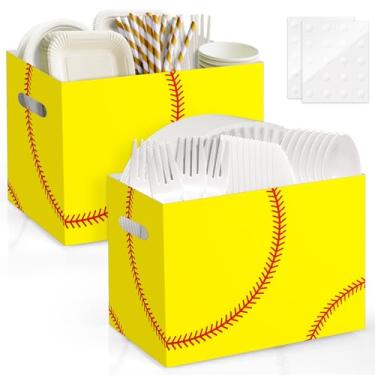 Imagem de AKAIXI 2 peças de suporte de utensílios de softball, papel para decorações de festa de softball, suporte de talheres descartável com alças para artigos de festa de aniversário, meninas, mulheres