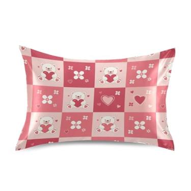 Imagem de Wassud Fronha de cetim xadrez de coração de urso para cabelo e pele fronhas de seda lisa tamanho padrão capas de travesseiro respiráveis com fecho de envelope