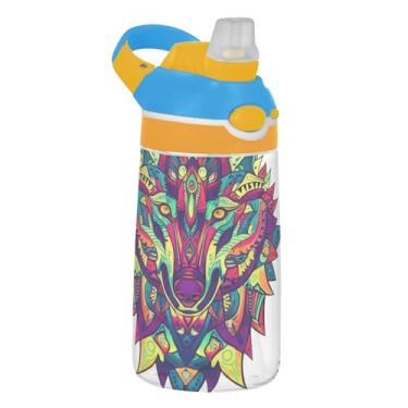 Imagem de Garrafa de água elegante Wolf intrincada ornamentada infantil com canudo 473 ml Tritan 473 ml Garrafa de água de plástico à prova de vazamento, copo infantil portátil, reutilizável, alça de transporte