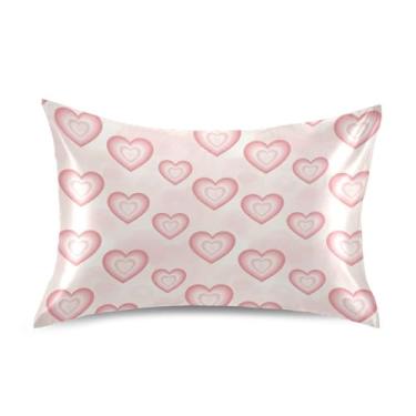 Imagem de Wassud Fronha de cetim para o dia dos namorados com corações concêntricos creme para cabelo e pele fronhas de seda lisa tamanho padrão capas de travesseiro respiráveis com fecho de envelope