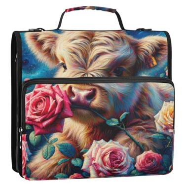 Imagem de Fichários engraçados de 3 anéis com 3 argolas para serviço pesado, rosa, floral, vaca highland, organizador com zíper, vários bolsos, pasta de portfólio grande com alça bolsa escolar