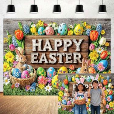 Imagem de Pano de fundo de Páscoa feliz de 1,8 m x 1,8 m, primavera, ovos coloridos, coelho, flores de madeira rústica para fotografia, decoração de festa de Páscoa, banner, adereços de estúdio fotográfico