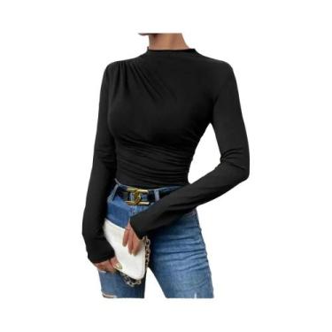 Imagem de Camiseta Cropped Feminina De Manga Longa Branca Básica Com Decote Assi