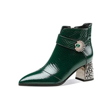 Imagem de TinaCus Bota feminina feita à mão de couro envernizado com zíper lateral, bico fino, strass médio, salto grosso, cano curto, Verde, 36