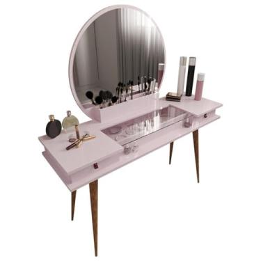 Imagem de Penteadeira Camarim，Penteadeira Com 2 Gavetas Porta de Vidro e Nichos(Rose)
