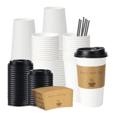 Imagem de BYSNOW Pacote com 50 copos de café descartáveis de 590 ml, copos de papel para levar com tampas, manga e canudo, copos de papel quente para casa, escritório e festa (branco, 590 ml)