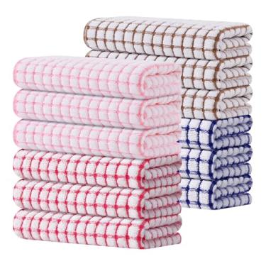 Imagem de Kitinjoy Pacote com 12 toalhas de cozinha felpudas de algodão, 40,6 x 63 cm, panos de prato super macios e absorventes, toalhas de mão de secagem rápida para secagem de cozinha, cores mistas