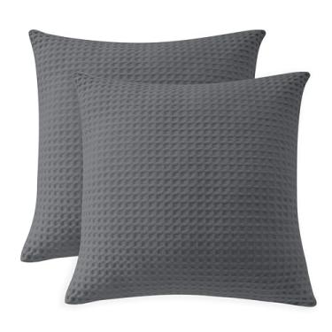 Imagem de Capas de almofada 100% algodão egípcio 600 fios trama waffle pacote com 2, capas de travesseiro Euro ultra macias e respiráveis, capas decorativas para cama, sofá, carro, sem enchimento, cinza escuro