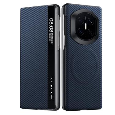 Imagem de FWYANZH Capa de couro para Huawei Mate X7, capa magnética, janela lateral inteligente, textura de fibra de carbono, proteção flip tudo incluído, azul, Mate X7