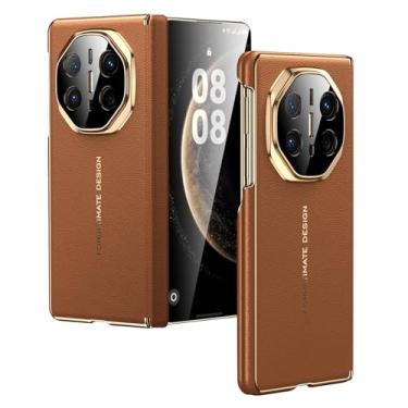 Imagem de FWYANZH Capa de couro genuíno para Huawei Mate X7, capa traseira magnética para telefone, proteção total da dobradiça, capa galvanizada à prova de choque, marrom, Mate X7