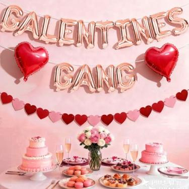 Imagem de Conjunto de decorações de Dia de Galentinas, inclui balões de ouro rosa de 40,6 cm com letras galentinas, balões vermelhos de coração de amor, faixa de guirlanda de coração de feltro, decoração do dia