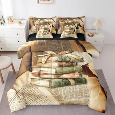 Imagem de Conjunto de cama vintage de livros em uma bolsa, 7 peças, conjunto de cama de leitura de livros mágicos em aquarela, retrô, marrom, jornal, patchwork, lençol de cima, fronha, casal