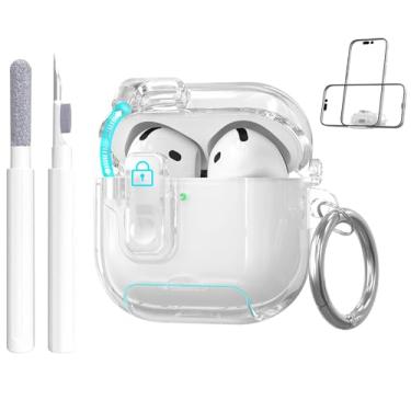 Imagem de Capa transparente para Apple AirPods 4 2024 com trava de segurança, capa de TPU macio com suporte de telefone e kit de limpeza, chaveiro fofo para mulheres e meninas, branco transparente