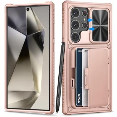 Imagem de Capa BXYJY para Samsung Galaxy S24 Ultra com suporte para cartão (capacidade de 4 a 5 cartões) e capa e suporte para lente deslizante, proteção contra quedas de nível militar, capa de telefone