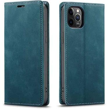 Imagem de HAZELS Coldre de capa de telefone fólio de couro PU retrô, carteira de flip magnética [suporte de cartão] para Apple iPhone 14 Pro Max Case 2022 [Suporte] (Cor: Azul)