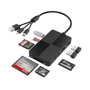 Imagem de Leitor de cartão de memória 8 em 1 com 3 portas USB, adaptador Lightning/USB-C/USB-A para iPhone/Android/PC/Mac, suporta cartões SD/TF/MS/CF/XD e OTG para transferência de fotos/vídeo