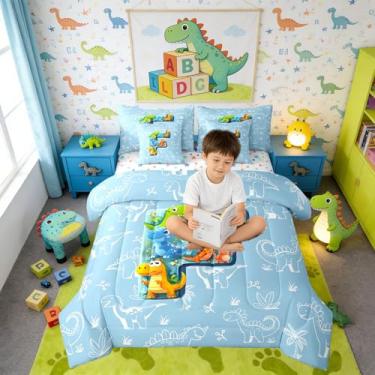 Imagem de Erosebridal Jogo de cama solteiro de dinossauro, letra F, 7 peças, dinossauro, animais, lençol com lençol com lençol com desenho fofo de dinossauro, para crianças e adultos, conjunto de cama para