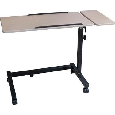 Imagem de Sigmade Mesa reclinável, mesa sobre a cama com rodas, largura e altura ajustáveis, com design de inclinação dividida e 4 rodas com freios (base preta e mesa de madeira de faia)