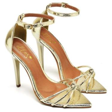 Imagem de Sandália Bico Folha Salto Alto Lagarto Dourado Ella's, 37, Dourado, Fe
