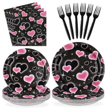 Imagem de Greencian 96 peças de decoração de festa de coração rosa preto início dos anos 2000, pratos e guardanapos de coração rosa anos 90, conjunto de utensílios de mesa para mulheres, chá de bebê