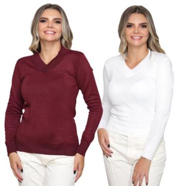Imagem de Kit 2 Blusas Tricot Gola V Moda Casul Inverno 2024 - GIP, Bordô, Branc