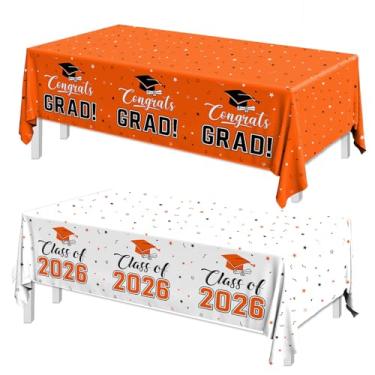 Imagem de 2025 Decorações de graduação, toalha de mesa Congrats Grad, 2 peças, branco, laranja, classe de 2025, capas de mesa retangulares para artigos de festa de formatura, 274 x 137 cm (laranja)