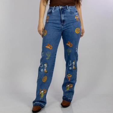 Imagem de Calça Jeans Azul Feminina Wide Leg Estampada Spur Moda Country Cintura