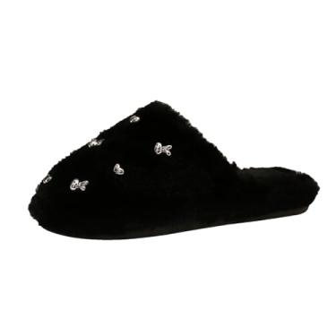 Imagem de Pantufas femininas fofas antiderrapantes com strass e bico de coração espessas para o outono e inverno, Preto, 34