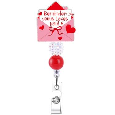 Imagem de Carretel de crachá com glitter fofo porta-crachá cristão retrátil clipe de identidade, Jesus Loves You Carretel de acrílico para crachá de mensagem evangélica, puxador de identidade, envelope de
