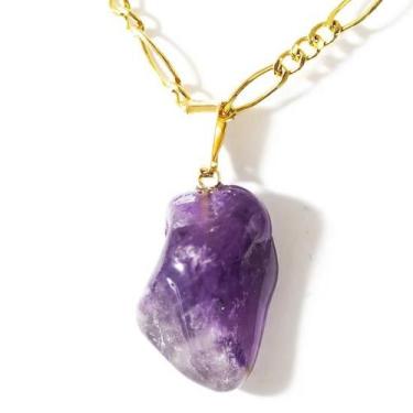 Imagem de Colar Pedra Natural Ametista Rolado Montagem Dourado - CristaisdeCurve