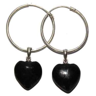 Imagem de Brinco Argola Coração Pedra Quartzo Preto Natural Prata 925 - Cristais