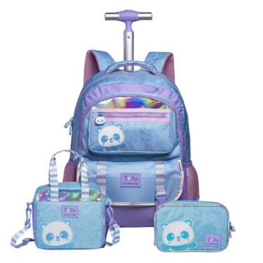 Imagem de Kit Mochila Rodas Panda Escola Holográfico Lancheira Estojo Cor:Azul, 