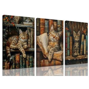 Imagem de 3 peças de arte de parede Sleepy Library Cat The Cats Fell Asleep In The Bookshelf Wall Decor Pictures Bookish Cat Canvas Poster Print for Cafe Bedroom Bookshelf Library Funny Wall Decoration 30 x 40