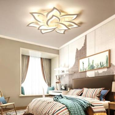 Imagem de Luminária de teto LED 108W dimerizável, moderna, em acrílico, com design criativo de pétalas, para sala de estar, temperatura de cor de 3000-6000K, com controle remoto e mudança de cor. Idea