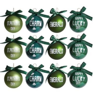 Imagem de WDS WONDROUS Conjunto de 12 peças de enfeites de Dia de São Patrício, 4 designs de decorações de bola de vidro com glitter verde com laço de fita para árvore de Natal, festa em casa, decoração de