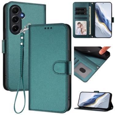 Imagem de Capa carteira para Samsung Galaxy A55 5G, capa fina de couro com compartimentos para cartões, alça de pulso e suporte, capa protetora à prova de choque para homens e mulheres (verde escuro)