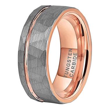 Imagem de TUTISS Anéis de tungstênio martelados de ouro preto e ouro rosa de 6 mm 8 mm para homens e mulheres, moda noivado, anel de casamento, linha compensada, acabamento fosco, ajuste confortável, Metal não precioso, Sem pedra preciosa