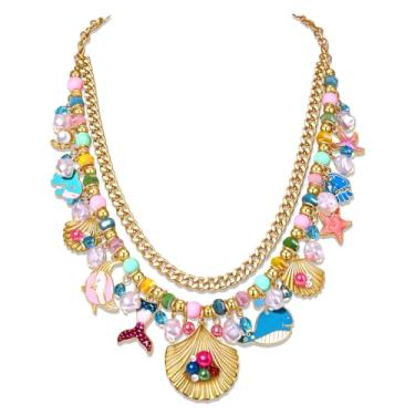 Imagem de Colar em camadas do mar do oceano, concha de vieira, estrela-do-mar, cauda de sereia, baleia, tubarão, água-viva, pérola, pingente, colar, animal, verão, praia, aniversário, férias, festas, presentes