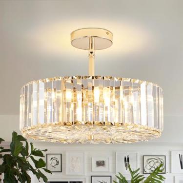 Imagem de WJShome Lustre de cristal moderno de 38.1 cm, lustres redondos dourados para sala de jantar, luminária pendente de teto de 4 luzes, pendente de altura ajustável, ilha de cozinha, para sala de estar