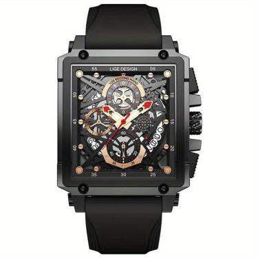 Imagem de Relógio Masculino Lige, Quadrado De Pulso à Prova D'água Com Pulseira De Silicone Quartzo Esportivo Preto
