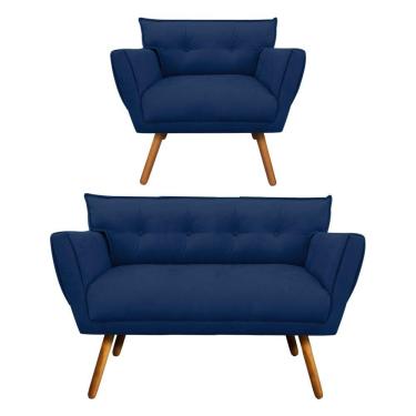 Imagem de Kit 1 Namoradeira e 1 Poltrona Anitta Suede Azul Marinho
