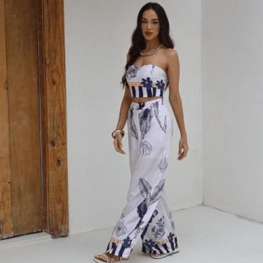 Imagem de Conjunto Feminino Estampado Alfaiataria Seda Pantalona e Top Cor:Azul 