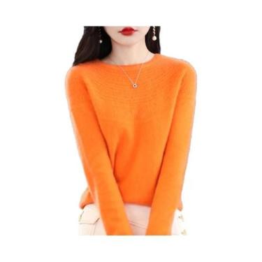 Imagem de Suéter Feminino De Lã Merino 100% Tricotado Com Gola Redonda E Detalhe