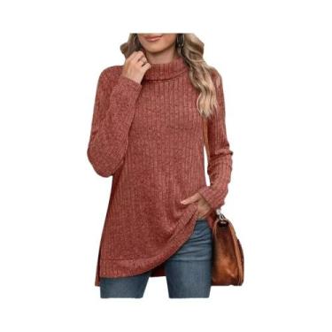 Imagem de Suéter Feminino De Tricô Grosso Com Gola Alta E Listras, Manga Longa, 